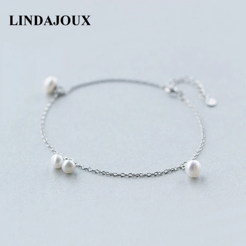 

LINDAJOUX 925 Sterling Silver Fashion Natural Pearl Charm Anklet For Women S925 Ankle Bracelet Adjustable Length