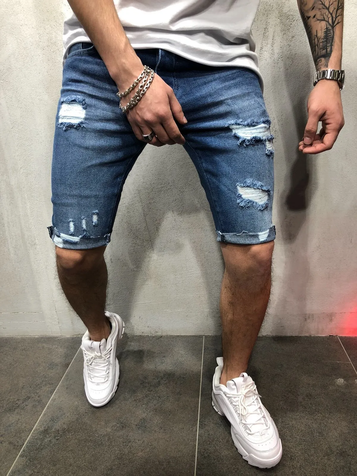 Новые мужские обтягивающие шорты джинсы Rip Slim fit из стрейчевого денима с потертостями байкерские джинсы до колен - Цвет: LF1908