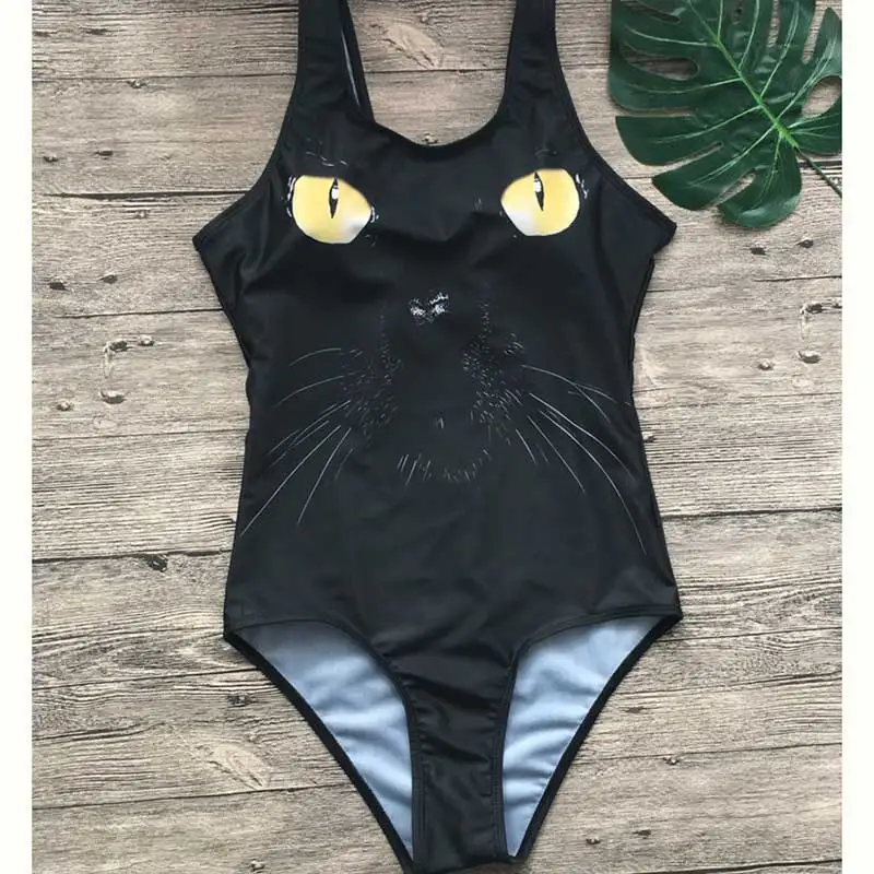 Black Cat Sexy Swimsuits Women Solid One Pieces Swimwear Padded Bathing