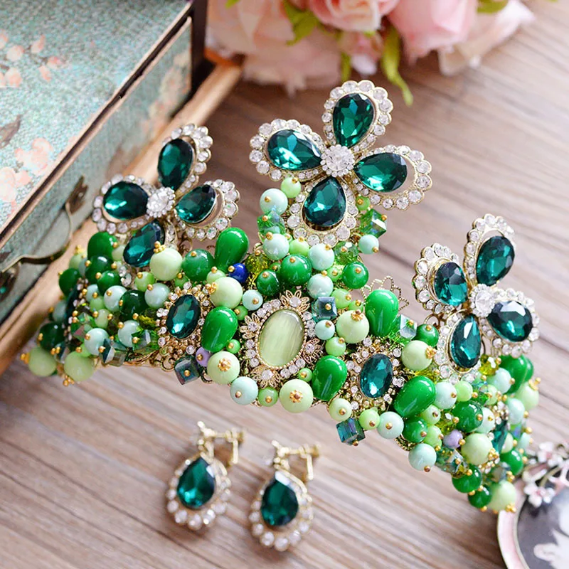 New Arrival Green Baroque Queen of Crown Set Ruslana Korshunova Tiara Headpieces Prom Hair Accessories