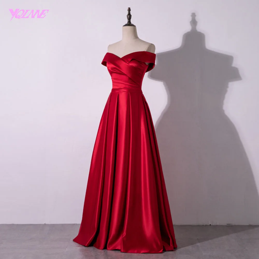 YQLNNE красные Выпускные платья с открытыми плечами Длинные атласные вечерние платья
