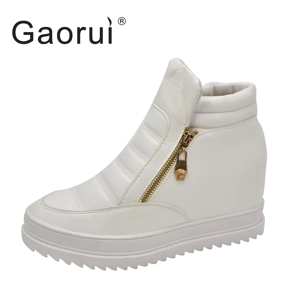 

Gaorui new autumn PU leather Deep inside platform casual shoes pure color fashion side zipper anti skid outsole woman shoes