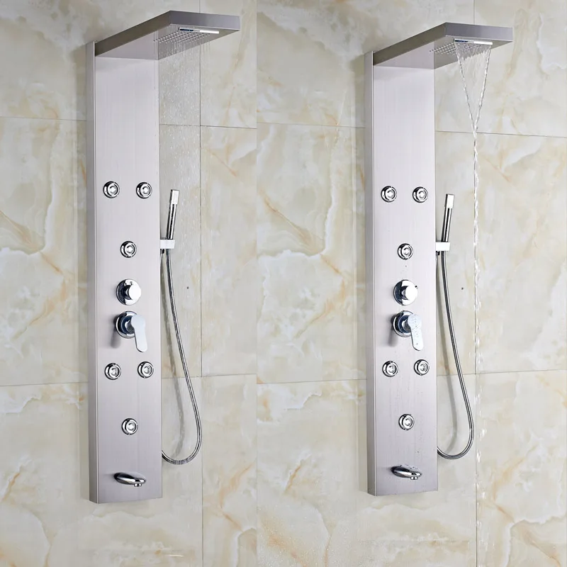 Brushed-Nickel-Rainfall-Shower-Panel-Rain-Massage-System-Hot-and-cold-Shower-Column-with-Jets-Hand (3) 
