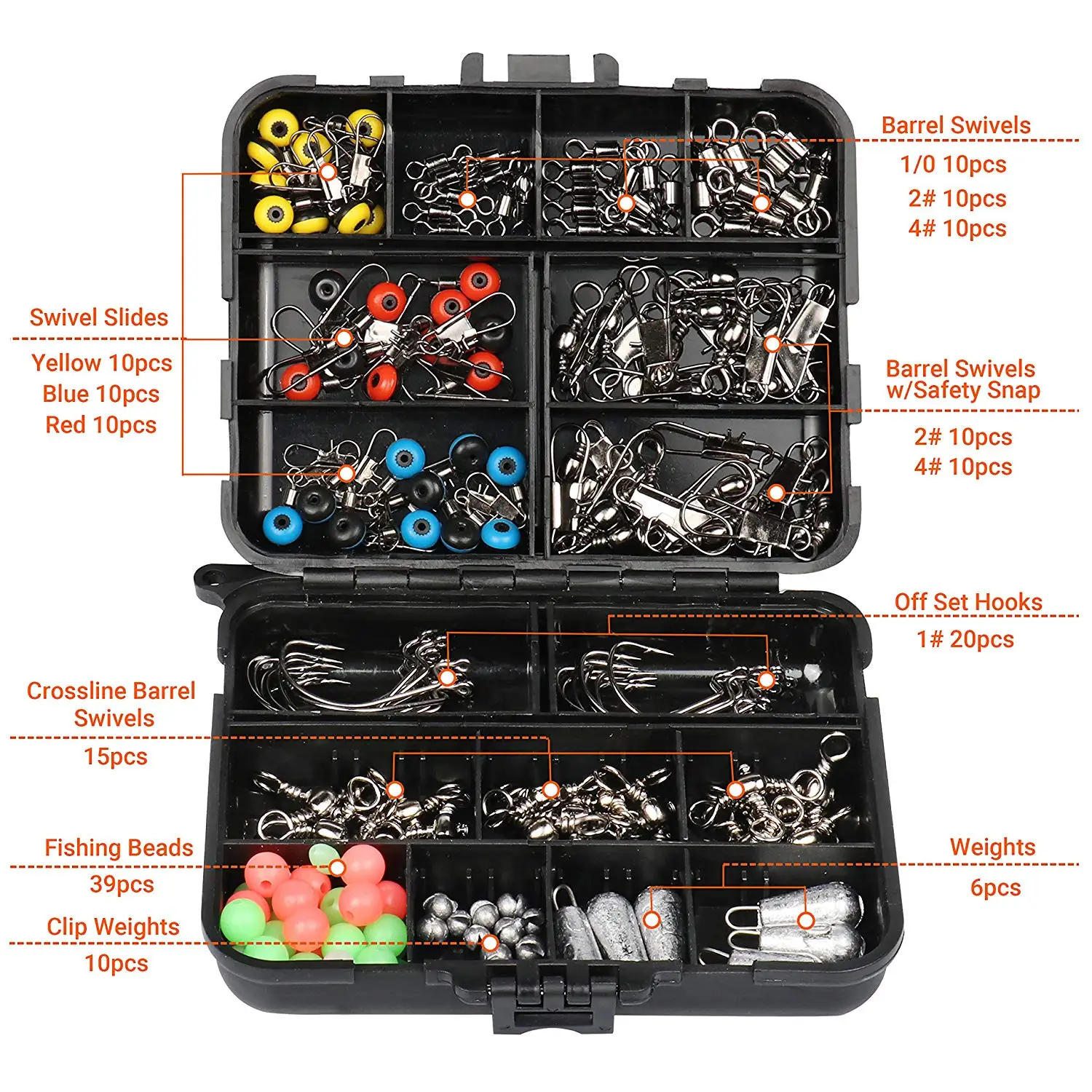 170pcs/lot LUSHAZER Fishing Tackle Box set with Fishing Hooks,Weights,Jig Heads,O-Rings, Barrel Swivels,Fastlock Snaps Saltwater