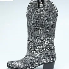 Новые женские полусапожки из искусственной замши серьги-гвоздики с бриллиантами; ботинки с острым носком; Мужская обувь вечерние туфли с блестками, блестящие сапоги для женщин