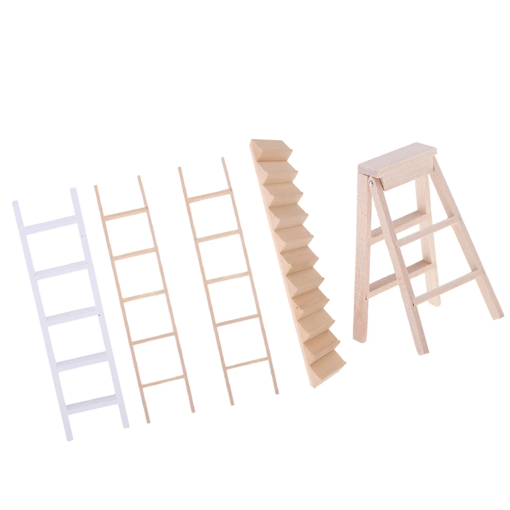 Miniature Straight Wooden Ladder Folding Ladder Staircase For Dollhouse Outdoor Accessories 5 Pieces