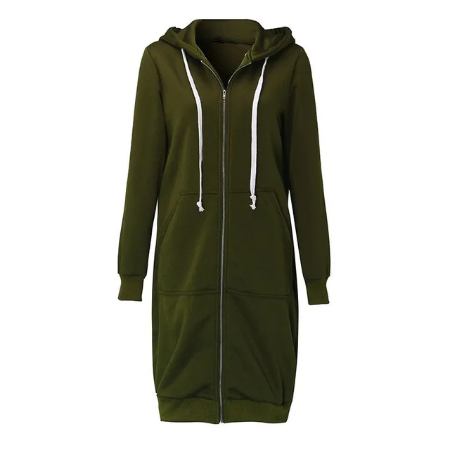2018 Women Dress Solid Zip Up Hoodies Long Sweatshirt Dress Hooded Long