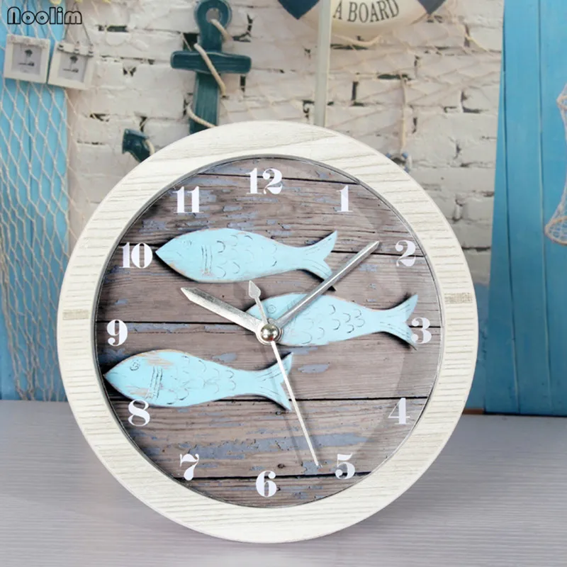 

NOOLIM European Mediterranean Vintage Retro Small Fish Wood Alarm Clock Nordic Seat Clock Living Room Office Desktop Clock