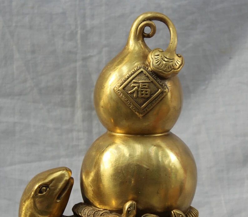 

S5974 14" Chinese Fengshui Cucurbit Gourd On Money Wealth Dragon Tortoise Brass Statue D0318