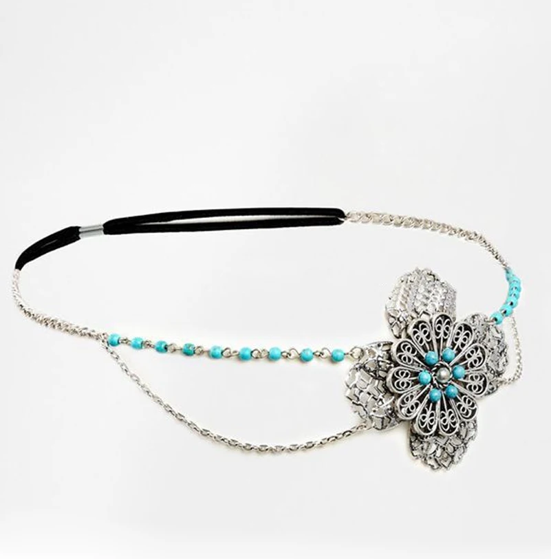 Bohemian Beads Silver Chain Big Hollow Flower Elastic Headband Boho