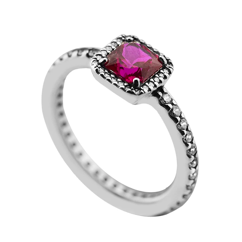 

100% 925 Sterling-Silver-Jewelry Timeless Elegance Square Rings with Red CZ Free Shipping