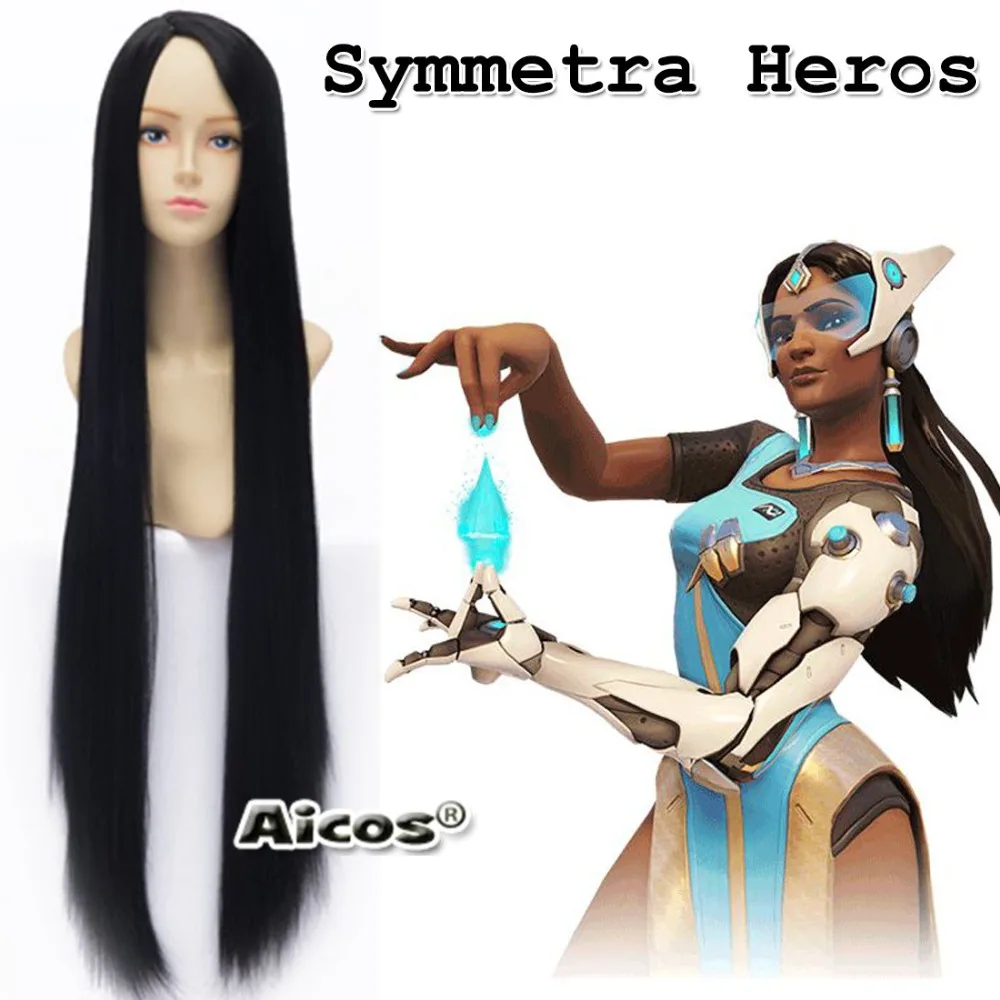

Free Shipping Long Straight Black Synthetic Hair Wig Game Overwatch Symmetra Cosplay Wigs+Wig Cap
