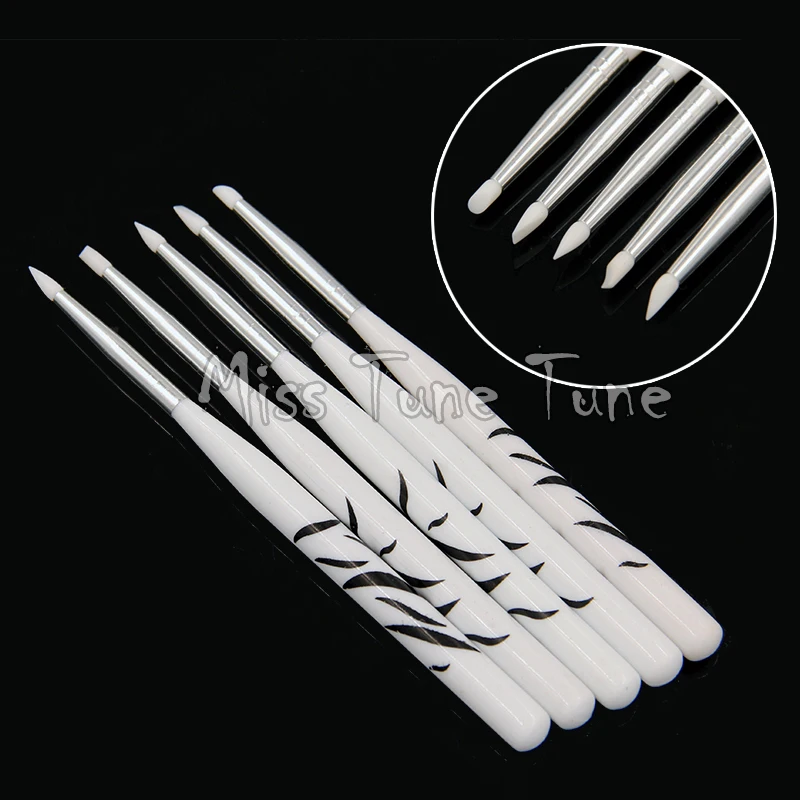 

5pcs/Set Small Silicone Heads Carving Nail Brushes Zebra Handle Sculpture Acrylic Nails Shaping Emboss Gel Building Tools