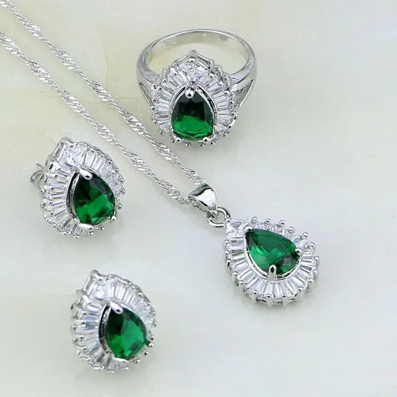 

Natural Green Created Emerald White CZ 925 Sterling Silver Jewelry Sets For Women Wedding Earrings/Pendant/Necklace/Ring