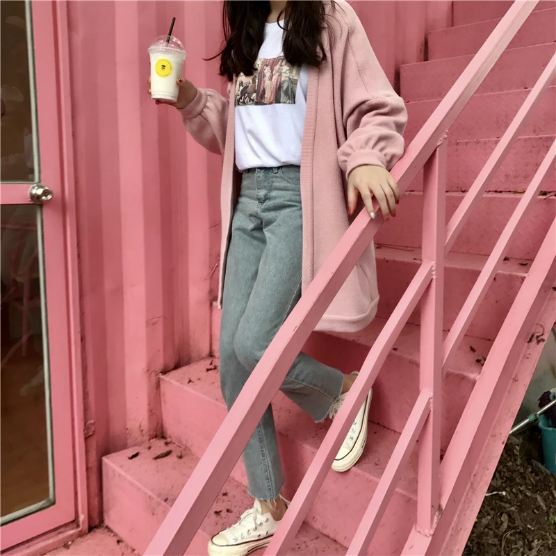 Осень и зима. Универсальные свободные ulzzang Harajuku ветровка BF длинный свитер кардиган пальто толстый женский