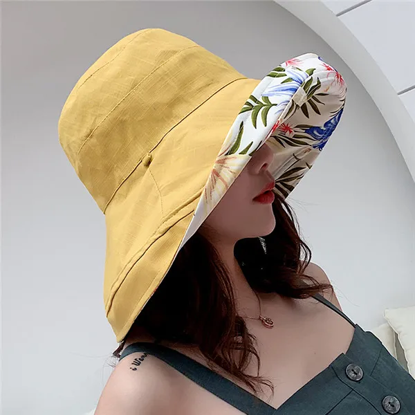 Новинка, Женская двухсторонняя хлопковая льняная Солнцезащитная шляпа с цветочным принтом, женские пляжные шляпы с большими широкими полями и защитой от УФ-излучения, женская панама - Цвет: yellow