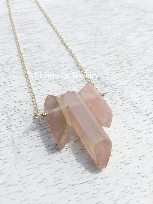 

Boho chic CHAMPAGNE QUARTZ Stone Bib Necklace Pink Crystal Quartz Point Necklace
