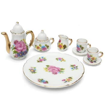 

8pcs Dining Ware Porcelain Tea Set Dish Cup Plate Doll House Accessories Toys For Childern Pink Rose Kit Miniature Dollhouse