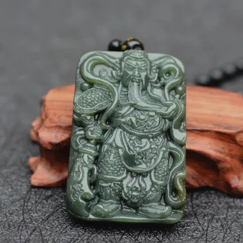 

xinjiang Green HETIAN Jades Pendant Carved Chinese Wealth God Patron saint The Duke Guan Pendant Necklace