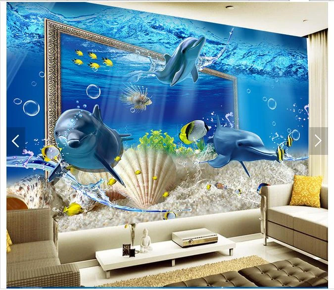 Customized 3d Photo Wallpaper 3d Wall Mural Wallpaper 3 D Underwater World Dolphin  Background Wall Living Room Decoration - Wallpapers - AliExpress