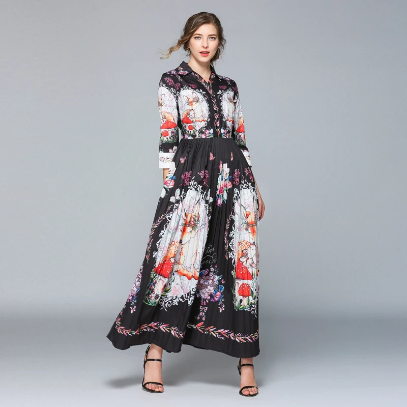 HAMALIEL Vintage Pleated Long Women Dress Summer Print Flowers Turn Down Collar Maxi Dresses Elegant Hit Color Casual Vestidos