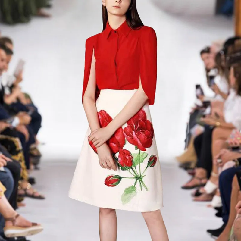

XF Retro Fashion Lady Elegant Set Red Chiffon Top + Red Rose Print Pack Hip Half Skirt 2 Piece Set 2019 Summer Casual Women New