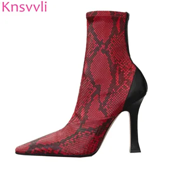 

Knsvvli sheepskin new style women high heels ankle boots square toe side zip green boots snake pattern texture short boots woman