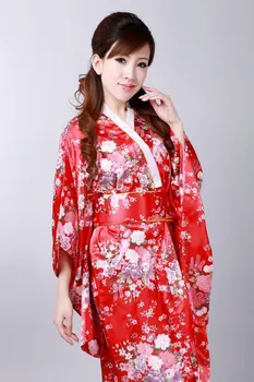 

New Red Japanese Women's Silk Satin Kimono Novelty Evening Dress Yukata With Obi Flowers Stage Dance Dress one size