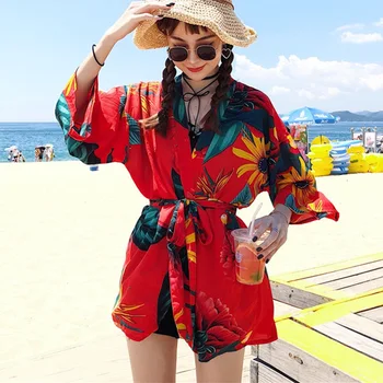 

Chinese Style Women Printed Kimono Suit Loose Female Jacket Woman Outwear Thin Coat Loose Ladies Summer Belt Tops With Sash