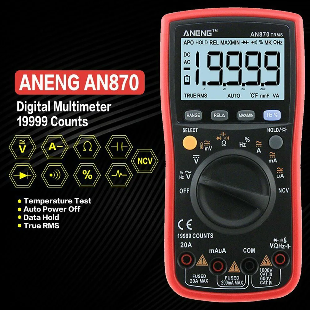 

19999 Counts Digital Multimeter AN870 True-RMS Temperature AC/DC Voltage Ammeter Current Meter LCD Backlight Multimeter