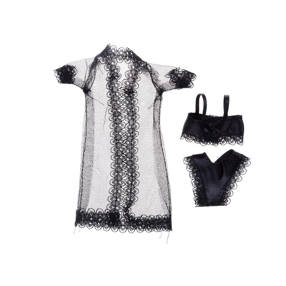 

1Set Black Sexy Pajamas Lingerie Nightwear Lace Long Coat Night Wear + Bra + Underwear Clothes For Doll Accessories