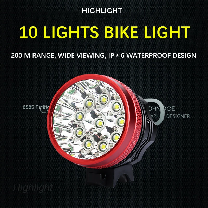 

10 LED Bike light waterproof Headlight 7800Lumens 10*T6 LED Bicycle Light Cycling Head Lamp+7800mAh 18650 Battery Pack + Charger