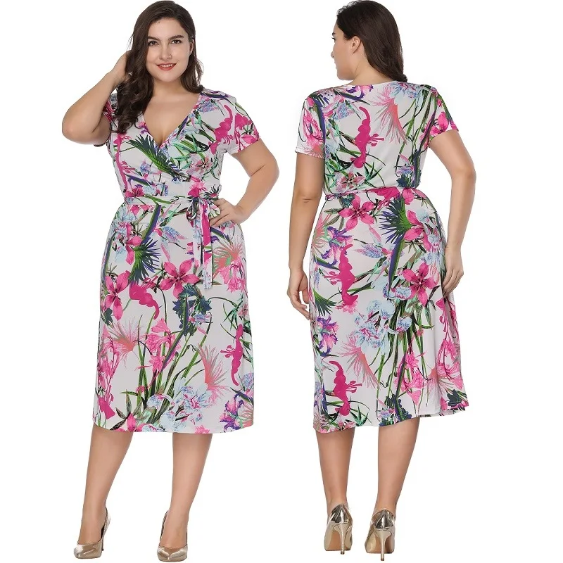 

Big size summer 2019 women clothes 6xl Casual short sleeve v neck printed wrap dress Plus size dresses for women 4xl 5xl 6xl