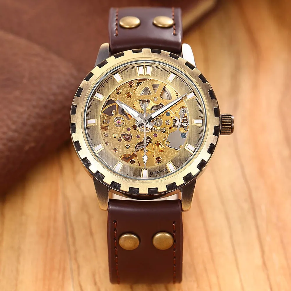 Брендовые мужские часы с кожаным ремешком в стиле милитари, механические часы с автоматическим скелетом, винтажные Роскошные качественные часы в подарок в стиле стимпанк