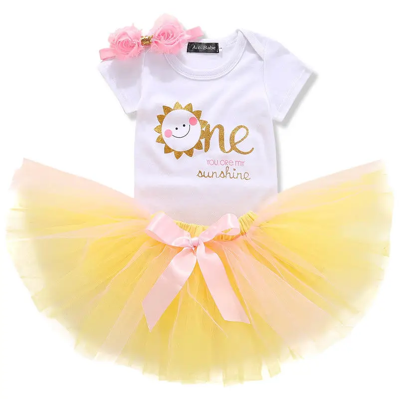 

Baby Girls 1st First Birthday Dress Romper Tutu Headband Cake Outfits Kids Cute