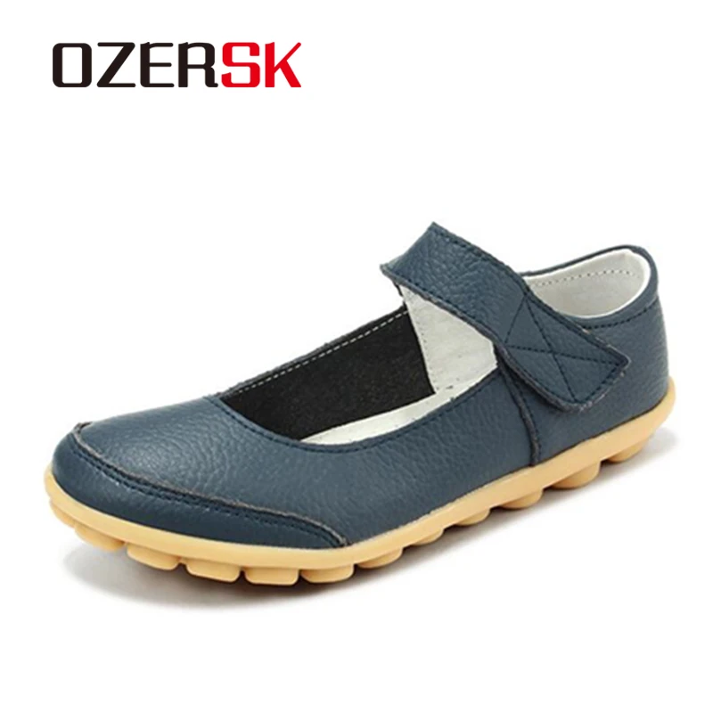 

OZERSK Brand Summer Soft Comfortable Split Leather Woman Flats Shoes Leisure Ballet Footwear Hollow Out Shoes Plus Size 35~43