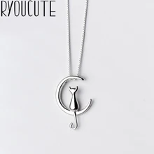 RYOUCUTE 100% auténtica plata pura Color joyería Vintage coreano largo gato Collares de Luna para las mujeres de la boda Kolye Collares