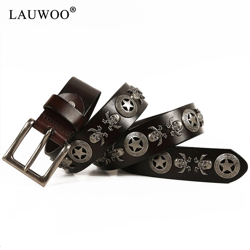 

New Men Really Hip Hop Skull and Round decoration Style 100% Genuine Cow Leather Belt Men's Casual Fashion Belt Rivet Men's Belt