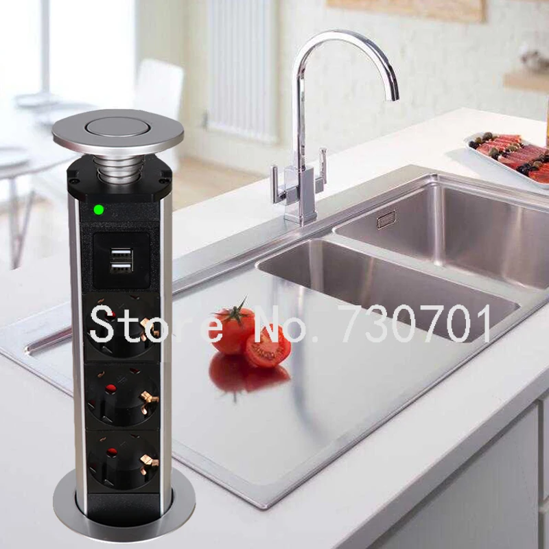 (Ship from Russia) 16A 220V Pull Pop Up Socket Kitchen with 3 EU Power Plug Socket 2 USB Charging Phone for Office Desk Hidden