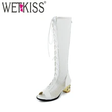 WETKISS/ г. летние женские сапоги до колена с открытым носком, застежка-молния, обувь на шнурках из искусственной кожи, осенняя модная женская обувь на высоком каблуке