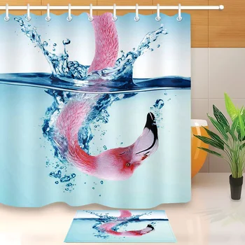 

LB 3D Flamingo Neck in the Water Funny Shower Curtain With Mat Set Waterproof Nature Bathroom Fabric For Art Kids Bathtub Decor