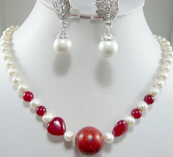 

hot sell >>>> natural freshwater white pearl necklace earrings red lucky set
