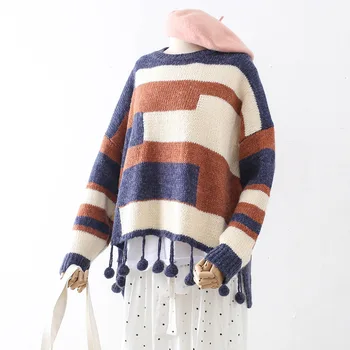 

Elegant O Neck Knitted Sweater 2019 New Fashion Women Autumn Winter Patchwork Striped Tassel Pullovers Femme Jumper