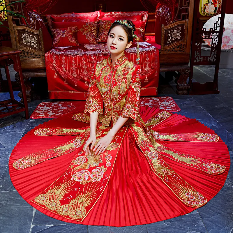 Высокое качество Красный Традиционный китайский свадебное платье долго Cheongsam ручной вышивки дракон феникс Qipao Ретро Халат