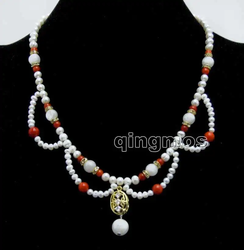 

4-6mm White Round Natural Pearl and Red Coral & 10mm Moonstone Penadant 17" necklace-nec6429 wholesale/retail Free shipping