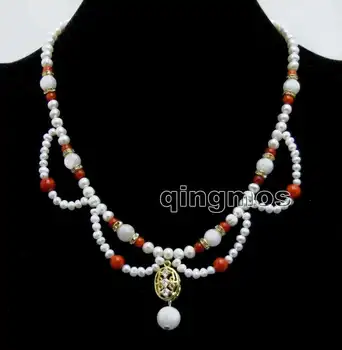 

4-6mm White Round Natural Pearl and Red Coral & 10mm Moonstone Penadant 17" necklace-nec6429 wholesale/retail Free shipping