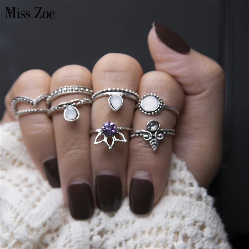 

Miss Zoe 8pcs/set Retro Lotus Flowers Water Drop Stone Twist Carved Ring Midi Rings Stone Ethnic Ring Gold Silver Women Jewelry