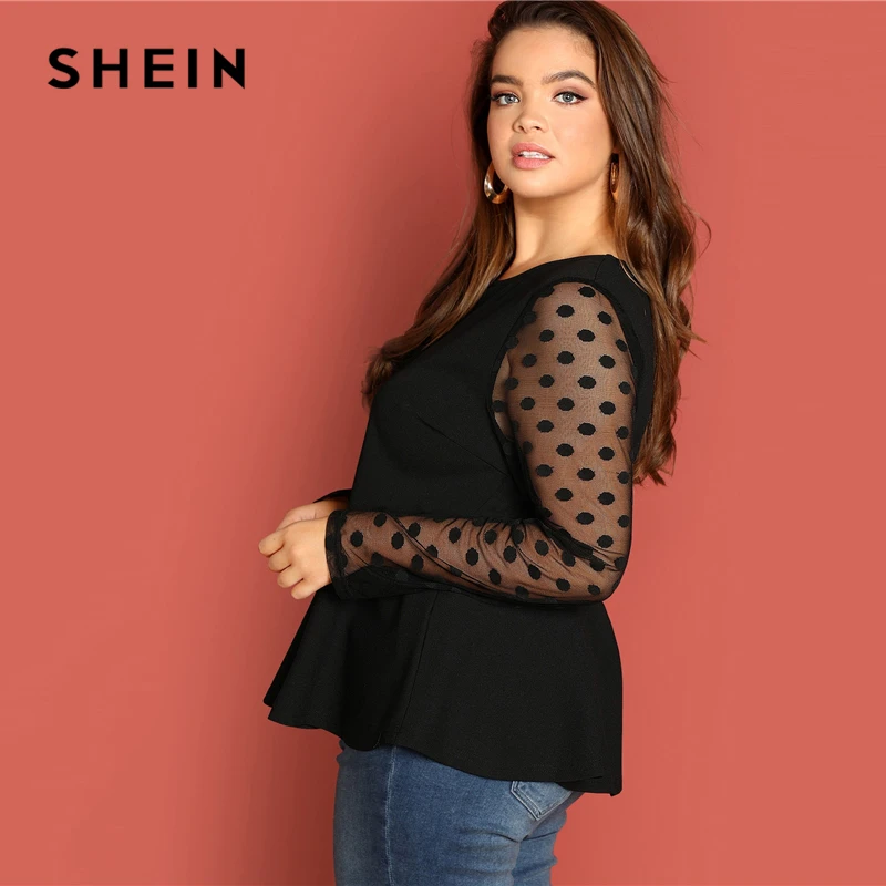  SHEIN Black Highstreet Elegant Plus Size Dot Contrast Mesh Sleeve Peplum Ruffle Hem Top Tee Autumn 
