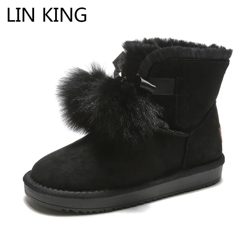 

LIN KING Casual Women Winter Ankle Botas Warm Fox Fur Ball Snow Boots Non Slip Cotton Padded Shoes Round Toe Flats Short Shoes