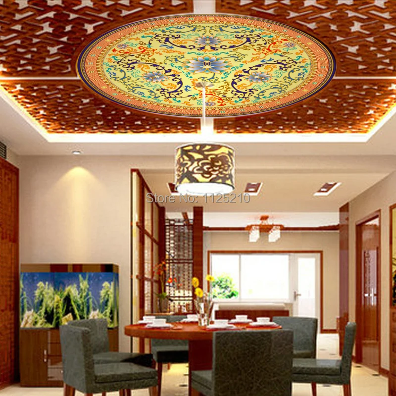 

Free shipping  PVC custom wallpaper of Southeast Asian Chinese top ceiling frescoes circular lamp pool   Custom Size
